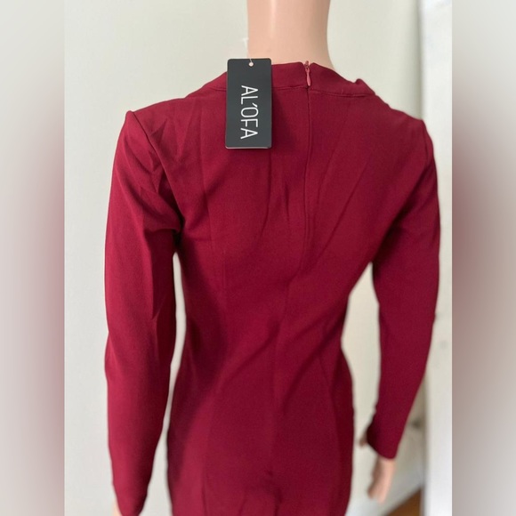 New Solid Red Elegant Long Sleeve V Neck Office Cocktail Party Dress, Small - Picture 10 of 10